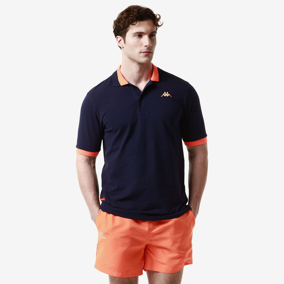 Polo Shirts Man LOGO NEON Polo BLUE MARINE - NEON ORANGE Dressed Front Double		