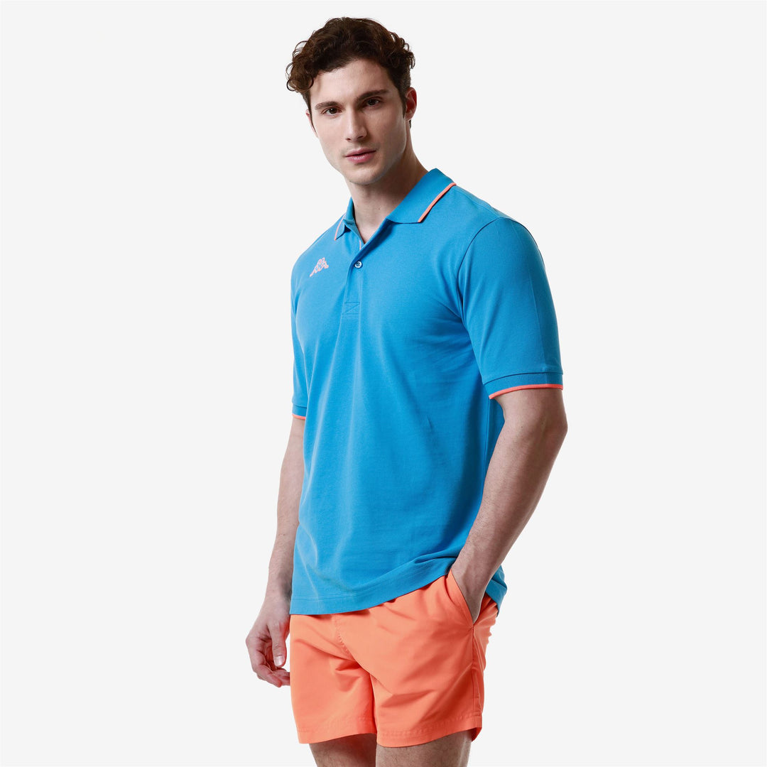 Polo Shirts Man LOGO FLU Polo BLUE MALIBU - NEON ORANGE Dressed Front Double		