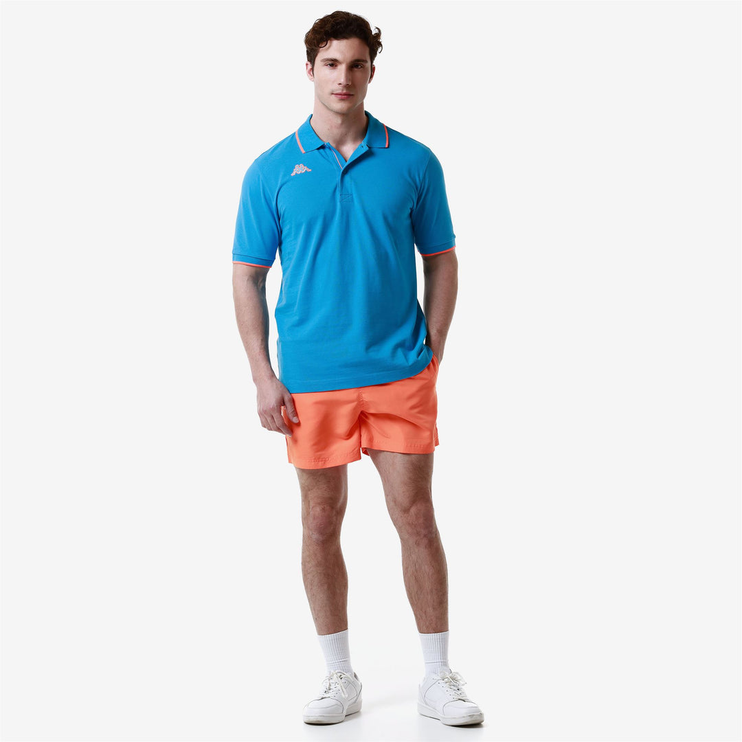 Polo Shirts Man LOGO FLU Polo BLUE MALIBU - NEON ORANGE Dressed Back (jpg Rgb)		