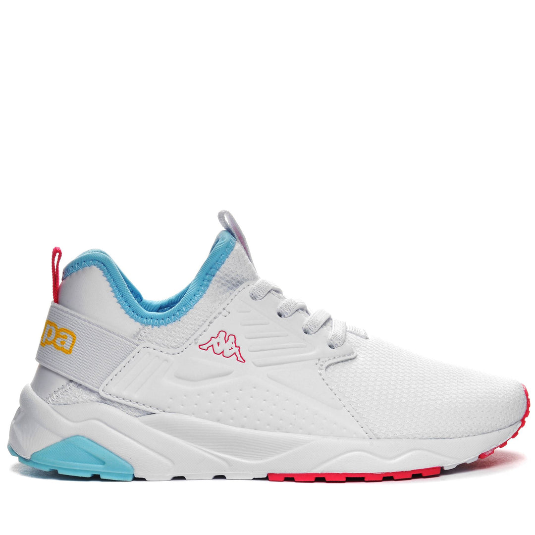 Sneakers Kid unisex LOGO SANPUERTO EL KID Low Cut WHITE-BLUE LT-YELLOW-FUCHSIA Photo (jpg Rgb)			